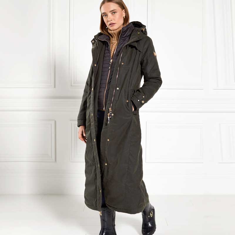 Holland Cooper Ladies Wax Longline Field Coat Dark Olive