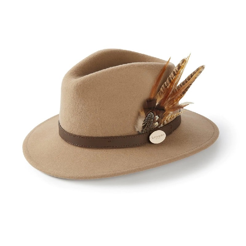 Hicks Brown Ladies Suffolk Fedora Hat Gamebird Feather Camel