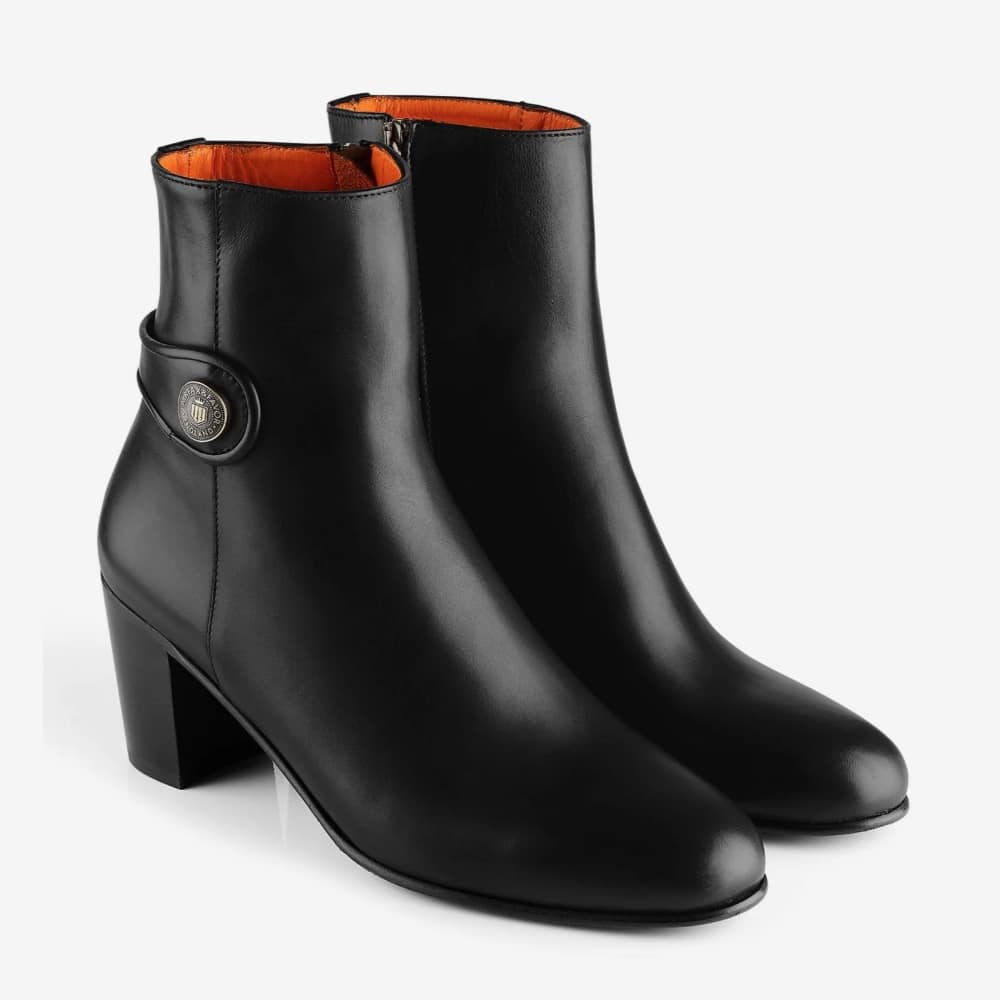 Black Leather-Look Gold Trim Block Heel Ankle Boots | New Look
