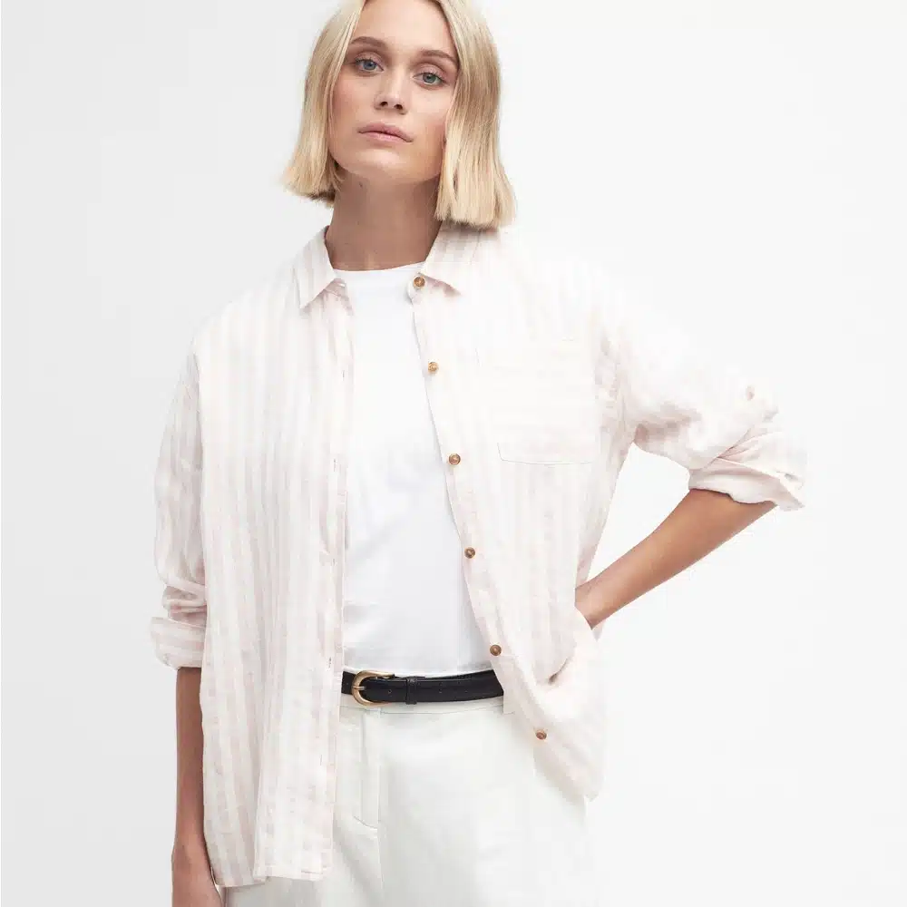 Barbour Ladies Annie Striped Linen Shirt Primrose Pink1