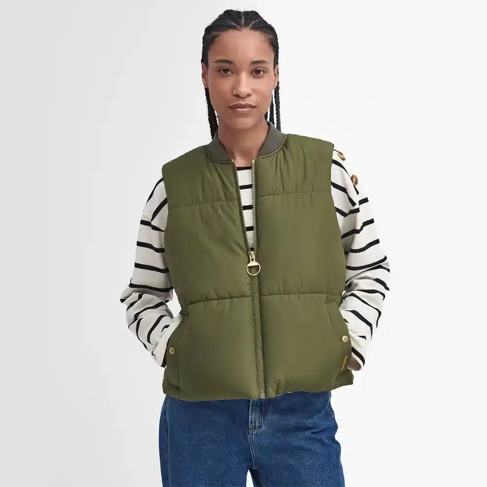 Barbour Ladies Fay Gilet Dark Moss Light Sand Pastel Pink Front
