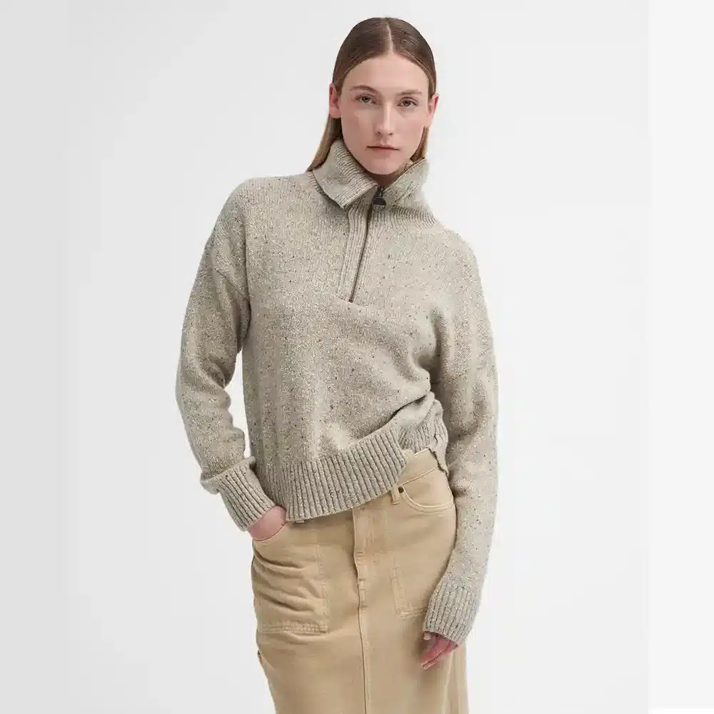 Barbour Ladies Lavensdale Half Zip Knitted Jumper Oatmeal Front