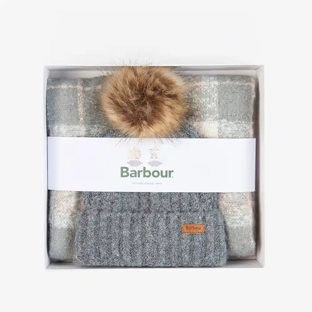 Barbour Ladies Saltburn Beanie Hat And Tartan Scarf Gift Set Grey Rose