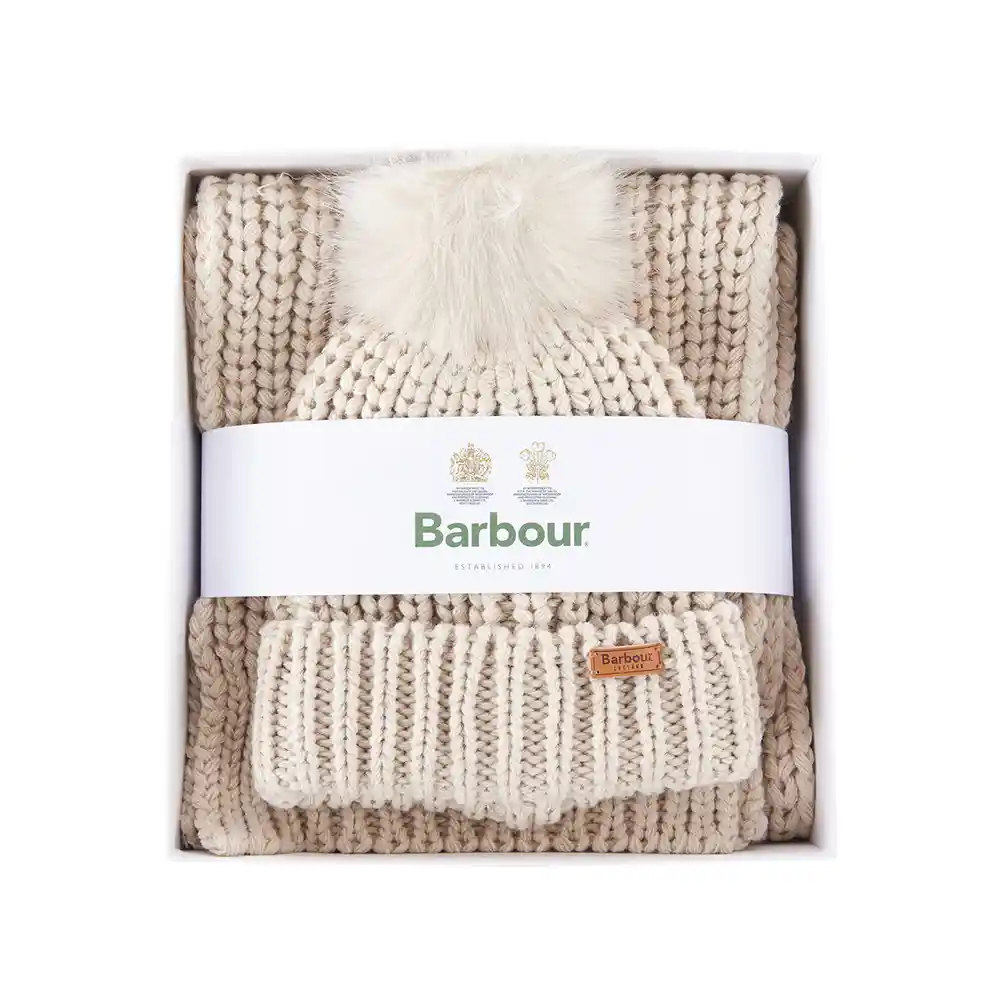 Barbour Ladies Saltburn Beanie & Scarf Gift Set Pearl
