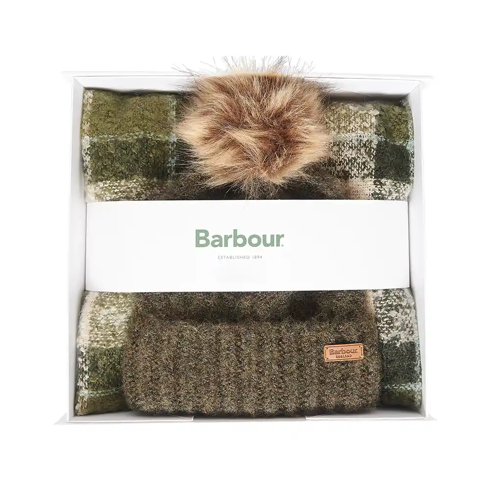 Barbour Ladies Saltburn Beanie & Tartan Scarf Gift Set Ancient Loden