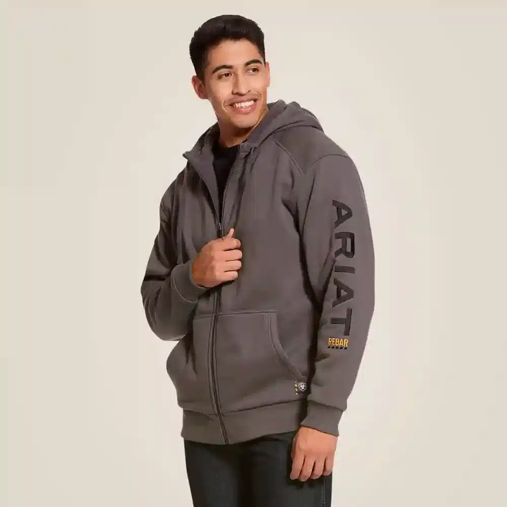 Ariat Mens Rebar All Weather Full Zip Hoodie Rebar Grey