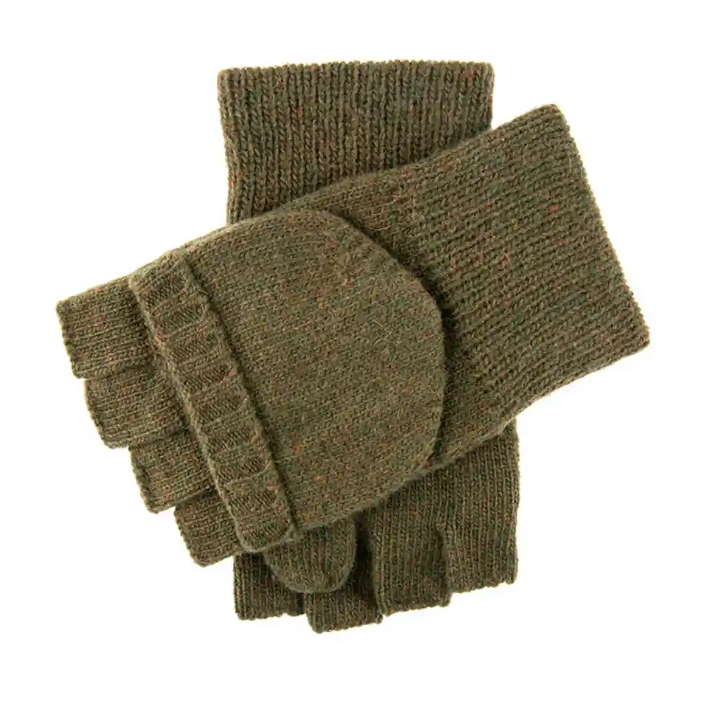 Dents Mens Fingerless Knitted Shooting Gloves with Mitten Flap Olive