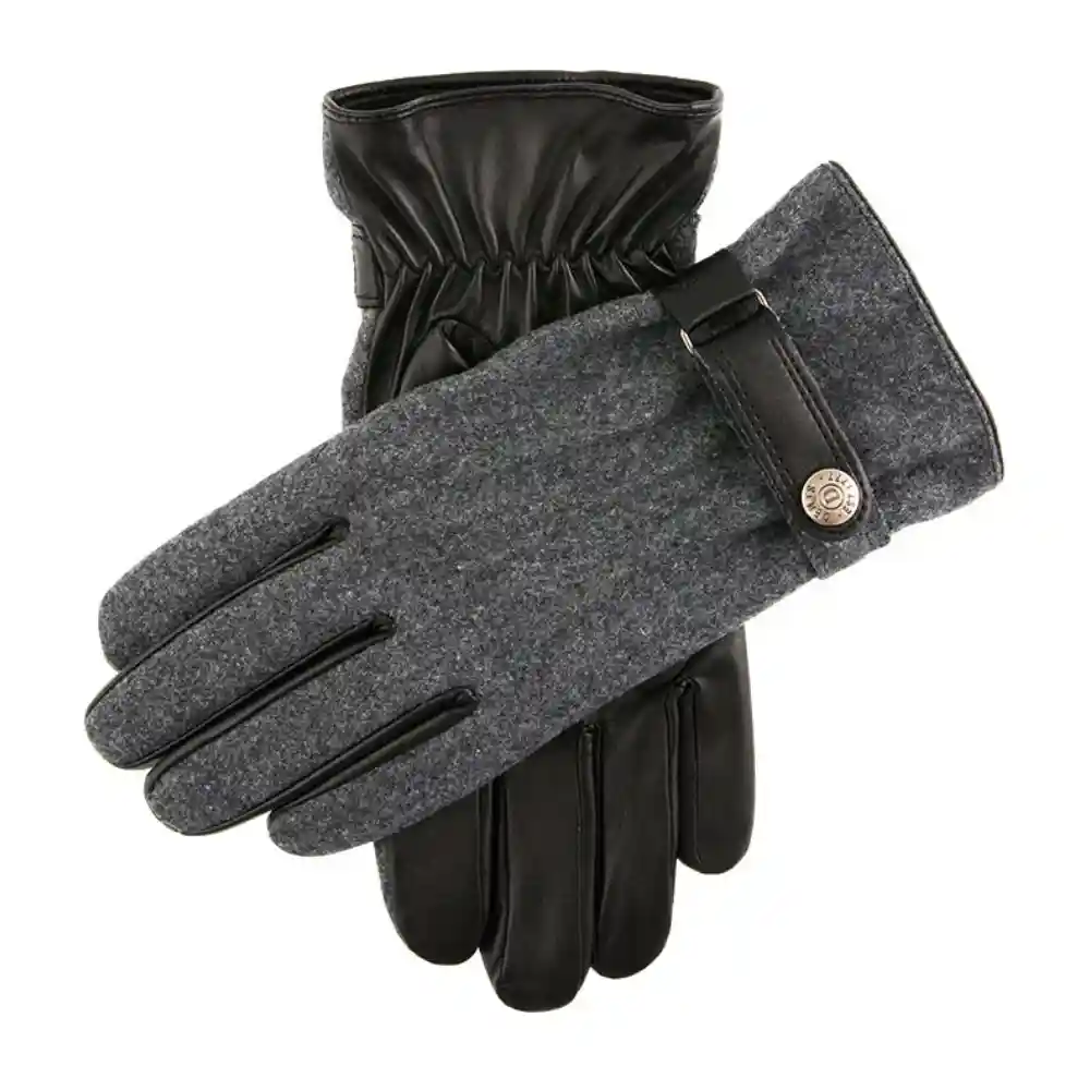 Dents Mens Fleece-Lined Flannel and Leather Gloves Charcoal Black