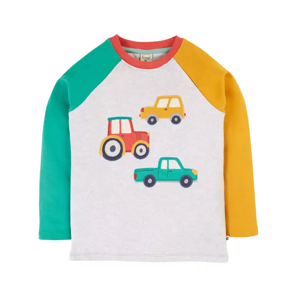 Frugi Childrens Alfie Raglan Top Grey Marl Vehicles