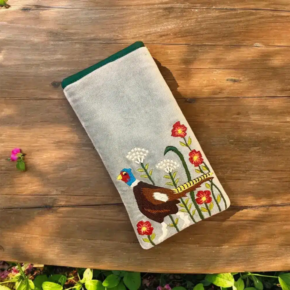 Orchid Designs Pheasant Glasses Pouch Soft Grey Cotton Velvet