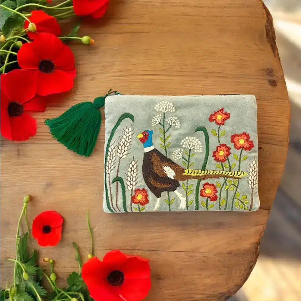 Orchid Designs Pheasant & Flowers Soft Grey Cotton Velvet Pouch