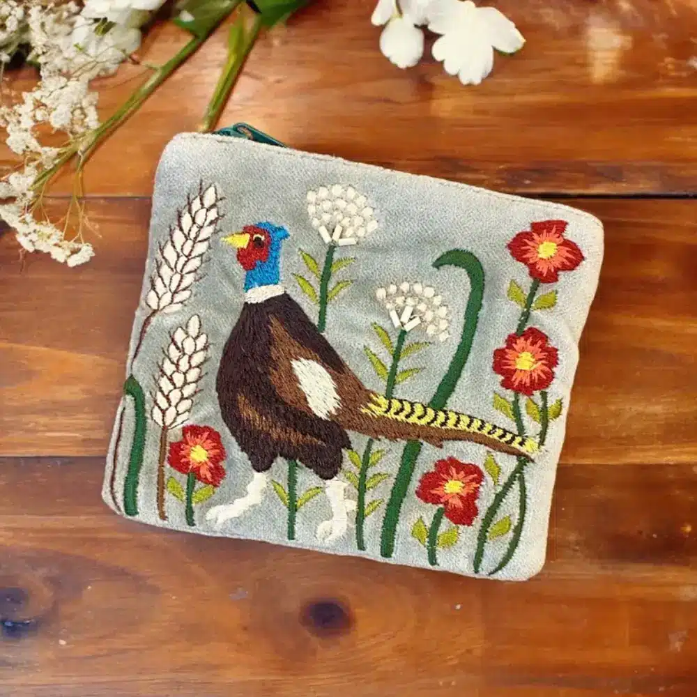 Orchid Designs Pheasant & Flowers Soft Grey Cotton Velvet Purse