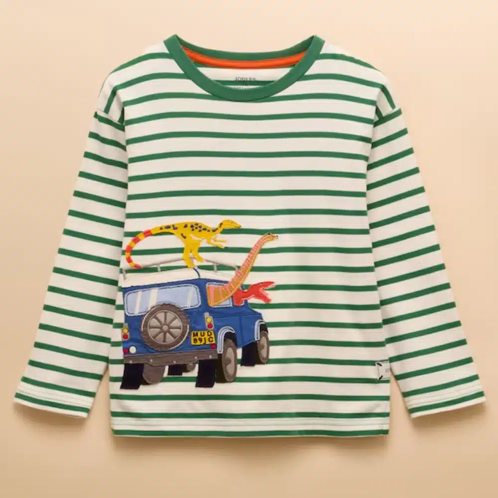 Joules Childrens Jack Dino Applique Long Sleeve Top Green/White