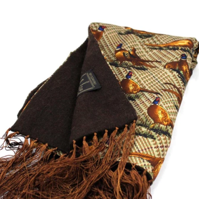 Soprano Lambs Wool and Silk Standing Pheasants On Tweed Scarf