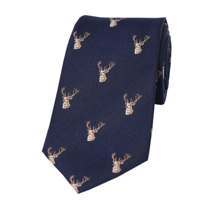 Soprano Stags Heads On Navy Silk Tie
