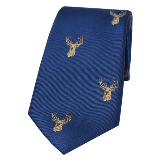 Soprano Stags Heads On Royal Blue Silk Tie