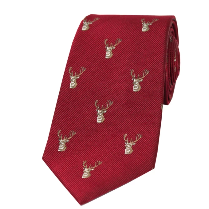 Soprano Stags Heads On Burgundy Silk Tie