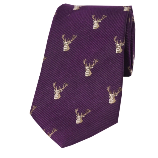 Soprano Stags Heads On Purple Silk Tie