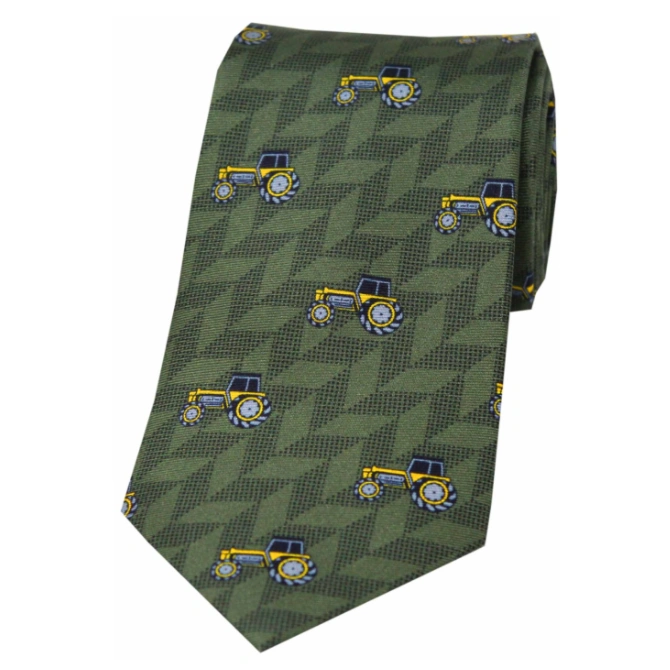 Soprano Yellow Tractors On Country Green Silk Tie