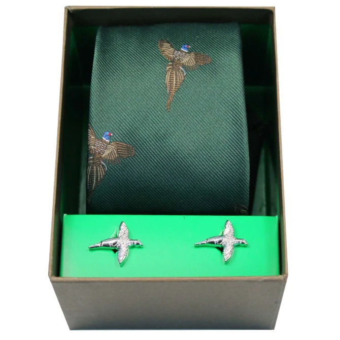 Soprano Flying Pheasants On Forest Green Tie & Cufflink Set
