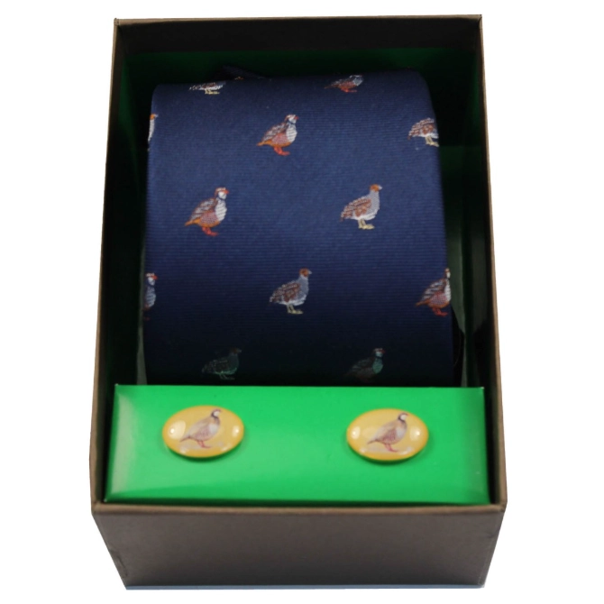 Soprano Grouse On Navy Silk Tie & Cufflink Set