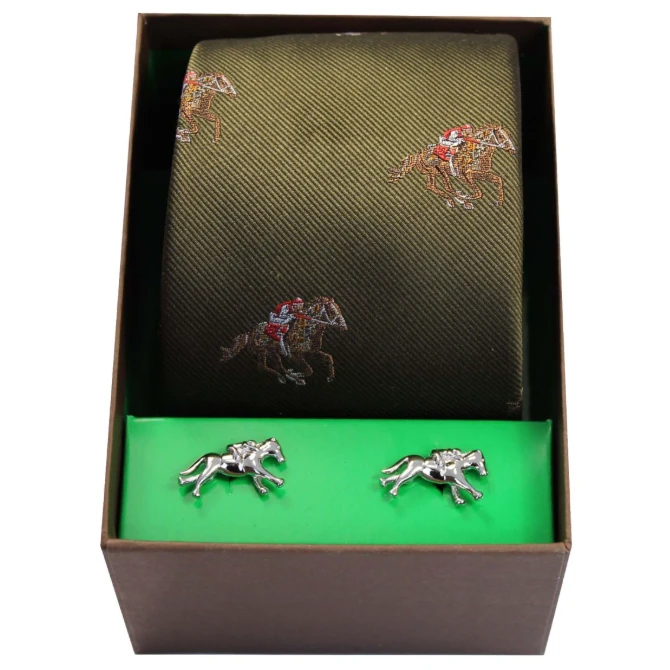 Soprano Horse Racing On Green Tie & Cufflink Set