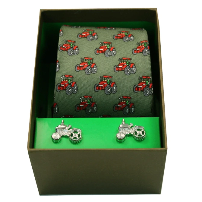 Soprano Red Tractors On Green Silk Tie & Cufflink Set