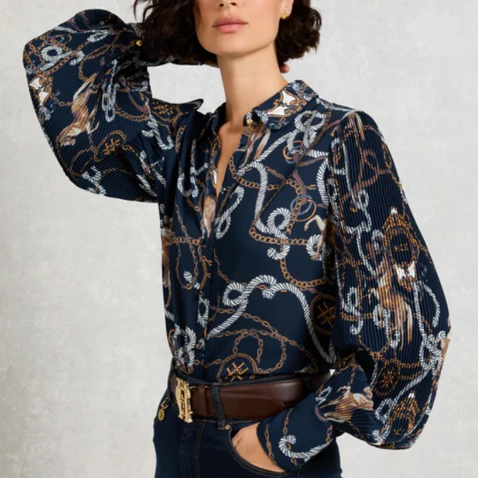 Holland Cooper Ladies Beau Shirt Navy Horse Print