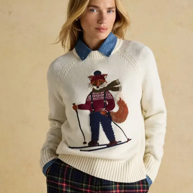 Joules Ladies Jonty Intarsia Fox Knitted Jumper Ski Oatmeal
