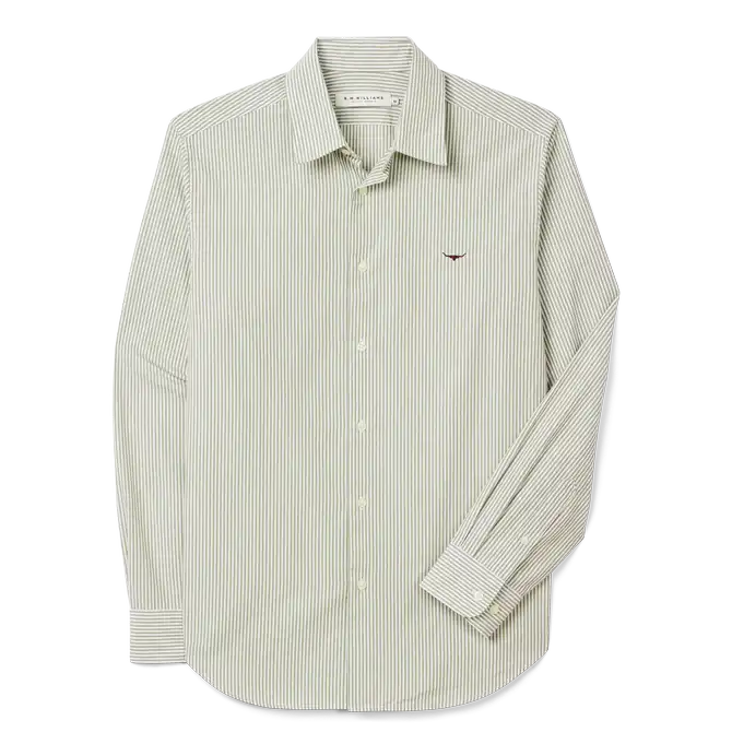 R.M.Williams Mens Sommers Regular Poplin Shirt White and Green Stripe