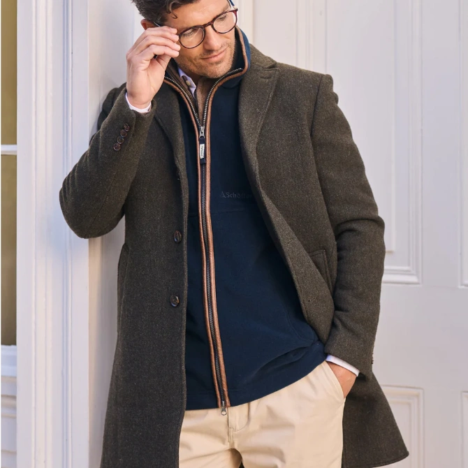 Schoffel Mens Banchory Tweed Coat Dark Olive Herringbone