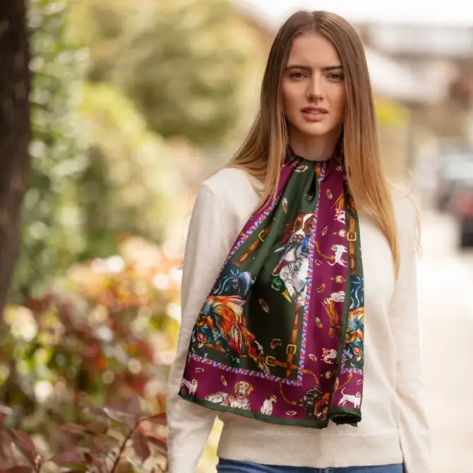 Clare Haggas Its A Dogs Life Classic Silk Scarf Hunter Green/Oxblood