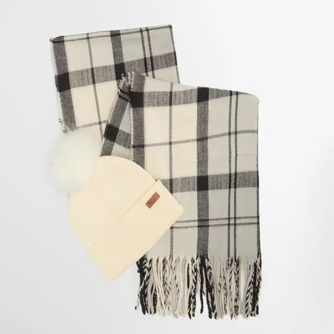 Barbour Dover Beanie & Hailes Scarf Gift Set Monochrome Tartan