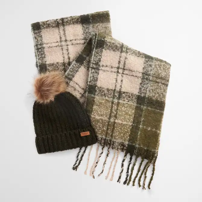 Barbour Saltburn Beanie & Tartan Scarf Gift Set Ancient Loden Dk Green