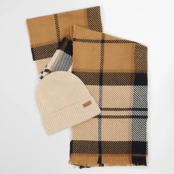 Barbour Pendle Beanie & Blair Scarf Gift Set Hessian Navy