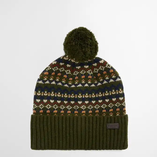 Barbour Marlow Fair Isle Pom Beanie Hat Olive