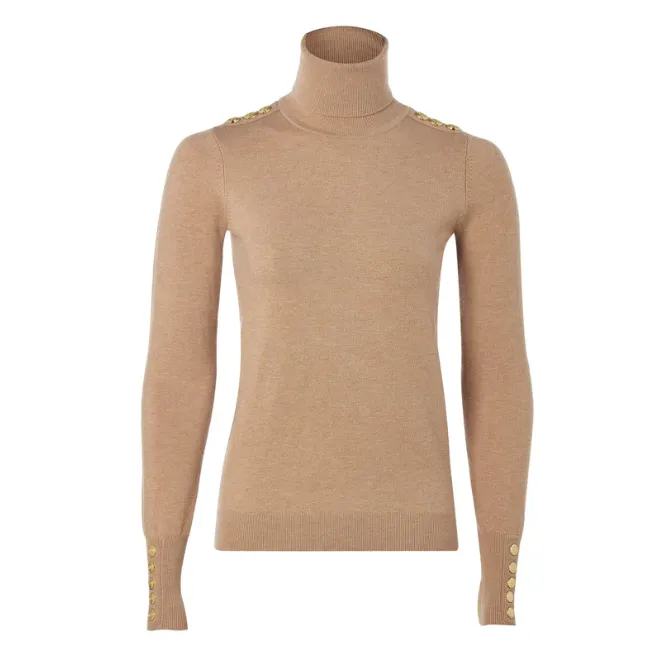 Holland Cooper Ladies Buttoned Knit Roll Neck Dark Camel