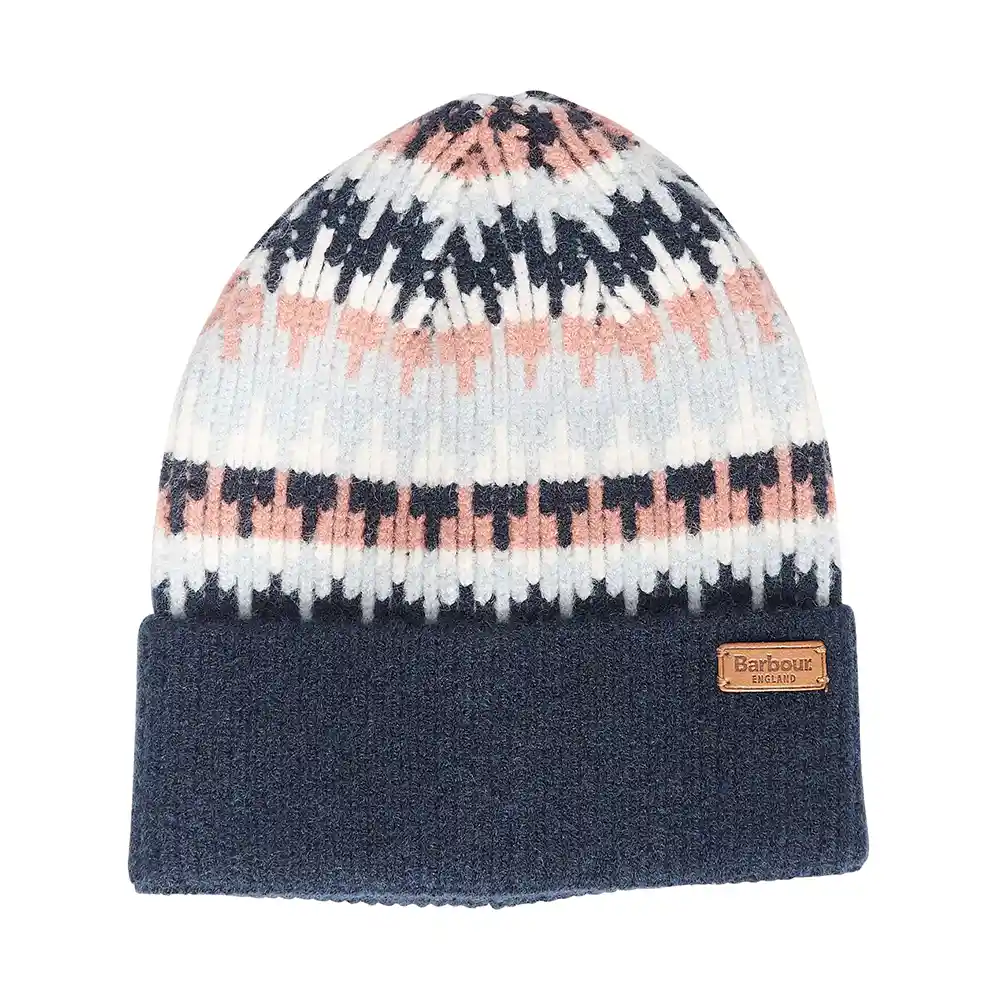 Barbour Ladies Craster Beanie Hat Navy Pink Rust