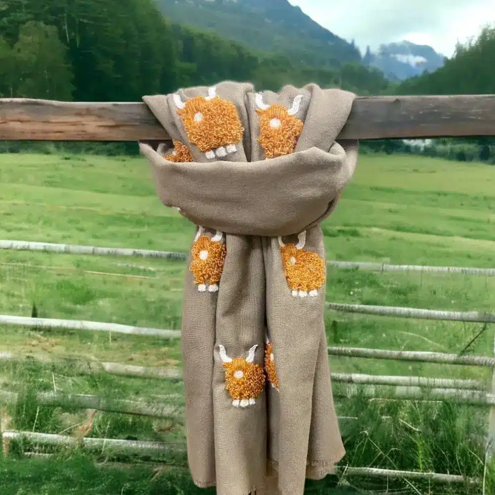 Orchid Designs Mohair Highland Cow Scarf Beige