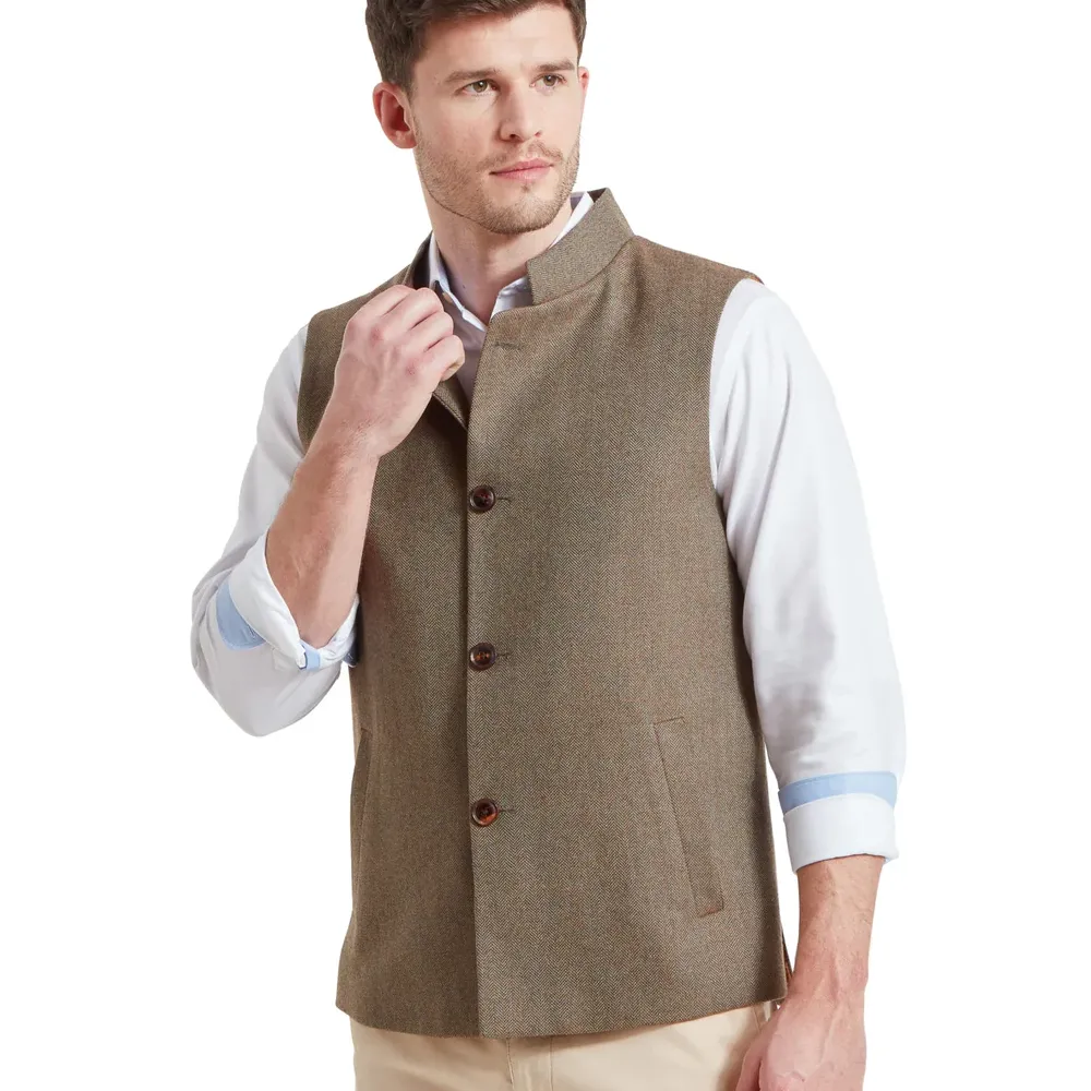 Schoffel Mens Berwick Nehru Tweed Waistcoat Loden Green Herringbone