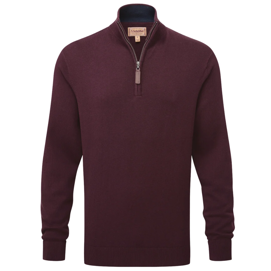 Schoffel Mens Calton Cotton Cashmere 1/4 Zip Jumper Wine