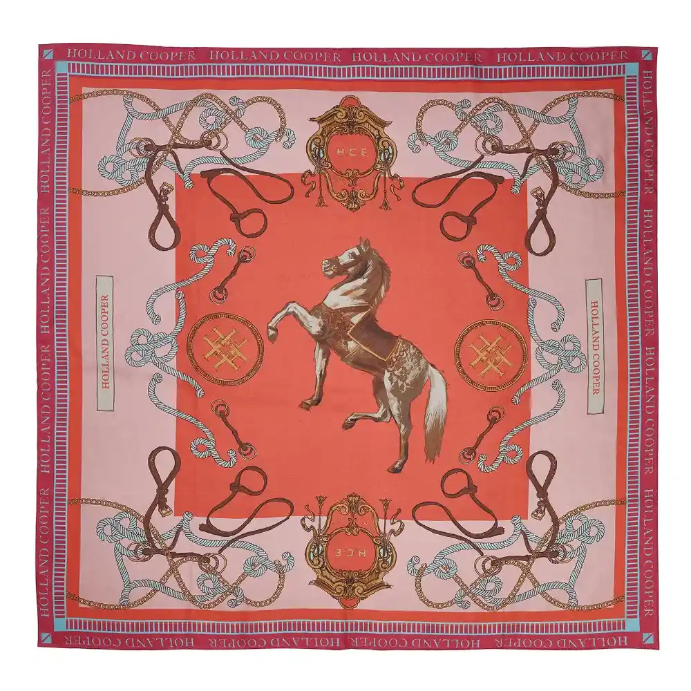 Holland Cooper Ladies Regal Horse Silk Scarf Coral