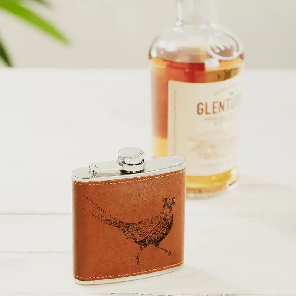 Selbrae House Leather Wrapped Hip Flask Pheasant