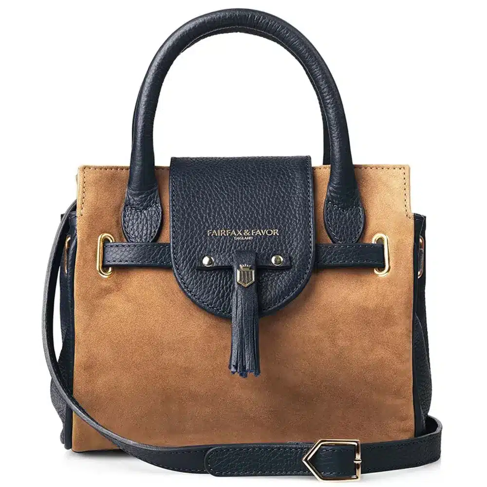 Fairfax & Favor Mini Windsor Handbag Tan/Navy Suede