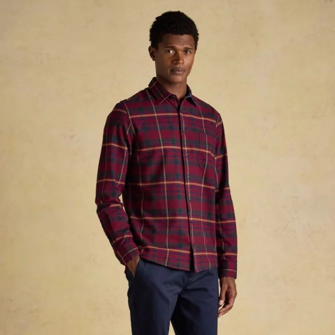 Joules Mens Brushed Flannel Cotton Shirt Burgundy Red
