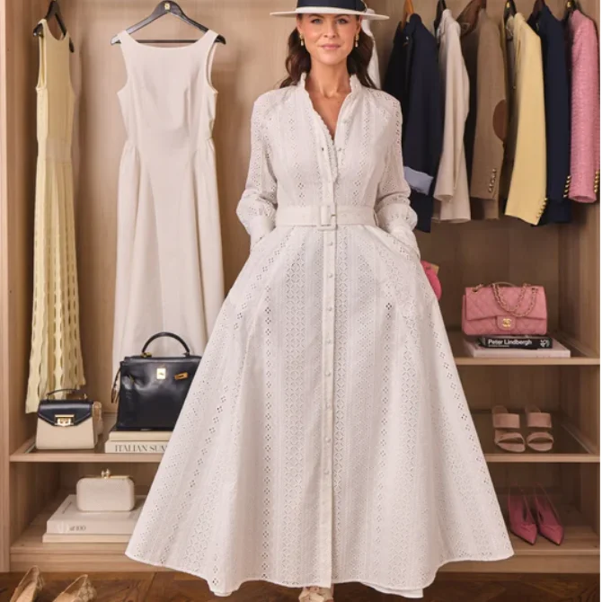 Holland Cooper Ladies Collarless Broderie Dress White