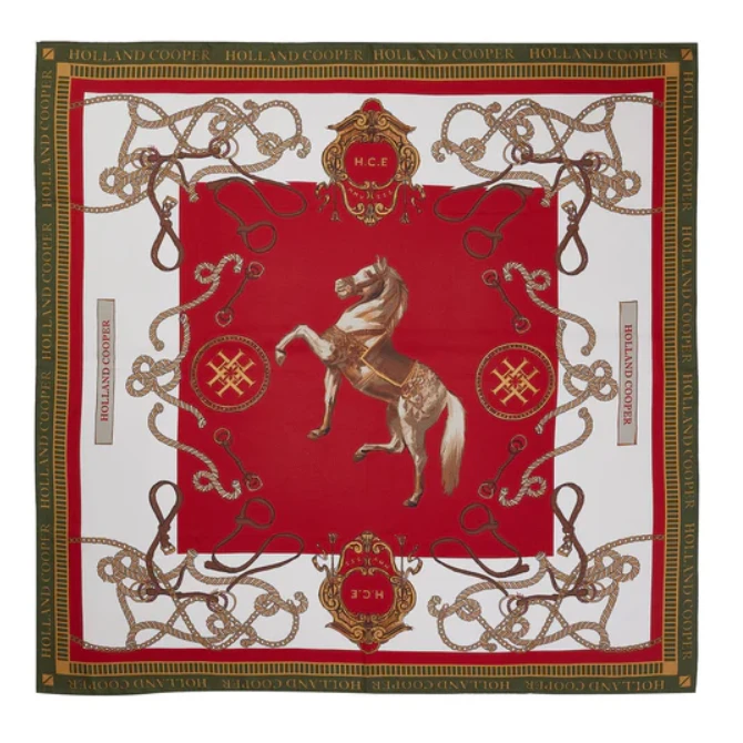 Holland Cooper Ladies Regal Horse Silk Scarf Racing Green/Heritage Red