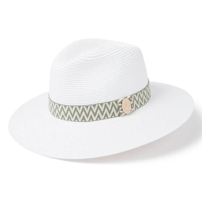 Hicks & Brown Ladies Hemley Fedora Straw Hat White (Khaki Aztec Ribbon)