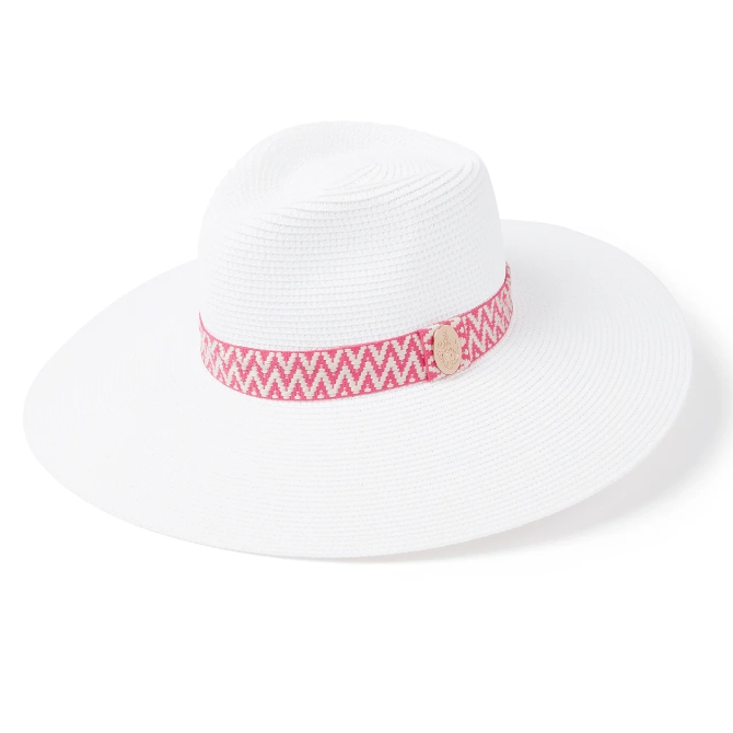 Pebmarsh Fedora Straw Hat White (Pink Aztec Ribbon)